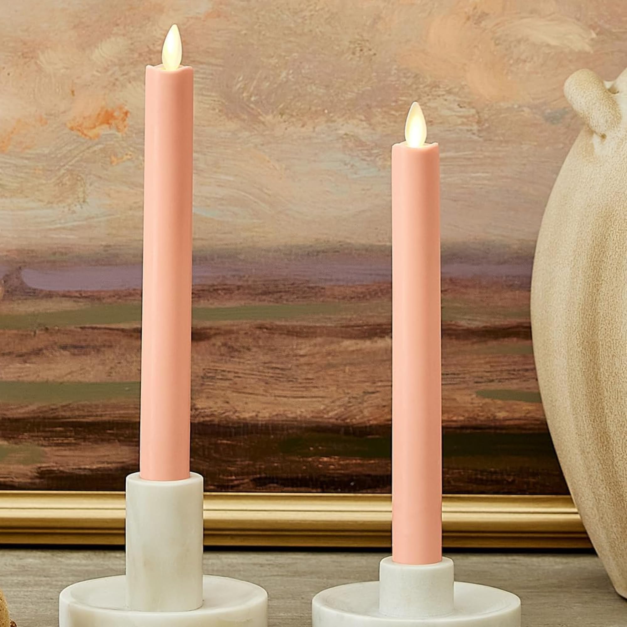 Luminara Flameless Battery Operated Taper Candle, Mellow Peach Pack of 2 1" x 9.75", LED Flickering Flame, Realistic & Safe for Home Kids and Pets
