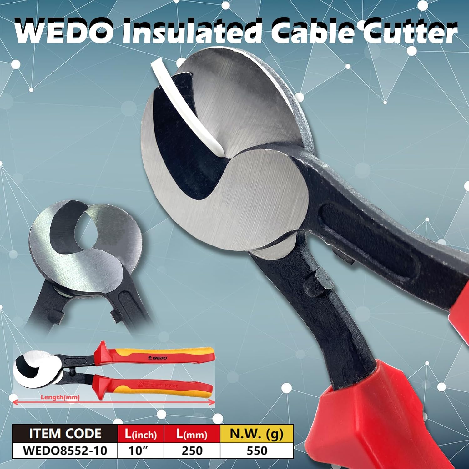 WEDO Insulated Cable Cutter, Cable Pliers, 10 Inch Electrical Wire Cutters for Cutting Aluminum, Copper and Communication Cables, High Leverage, 1000V Insulated handle, length 250mm, IEC 60900