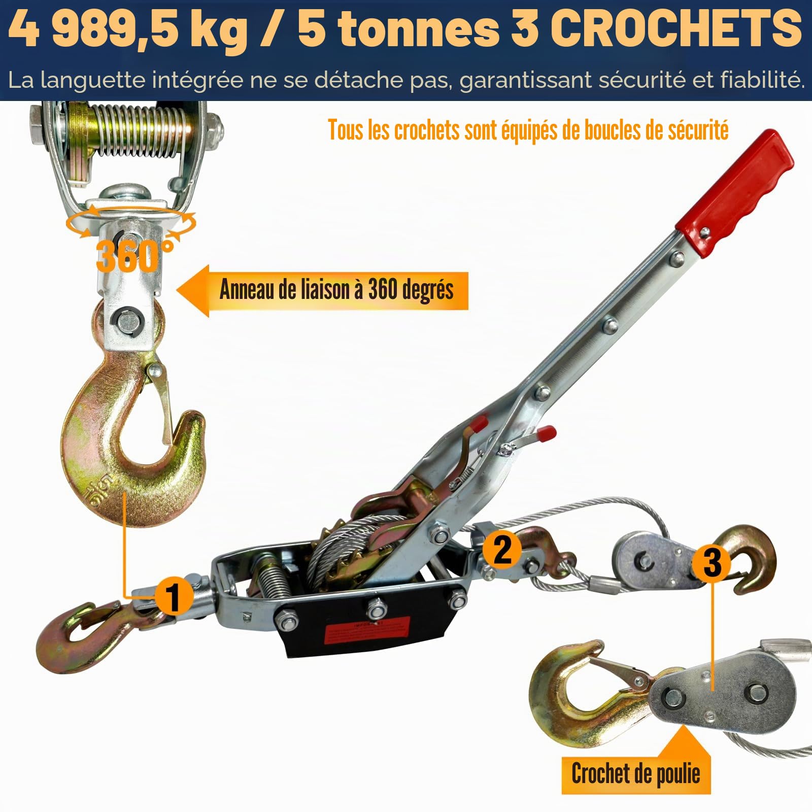 Palan Manuel à Câble 5 Ton Capacité,3,5m Treuil Manuel à Cliquet Câble Acier,Outil d'Extraction Robuste Double Engrenage,avec 3 Crochet,Tire Fort,Treuil de traction Cabestan pour Sauvetage Véhicules