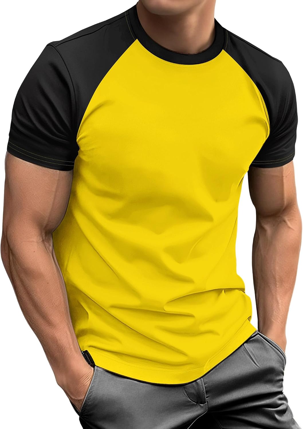 Fashion Sport Short Sleeve T Shirt for Men Casual Color Block Round Collar Tee Summer Classic Micro Elastic Pullover Tops