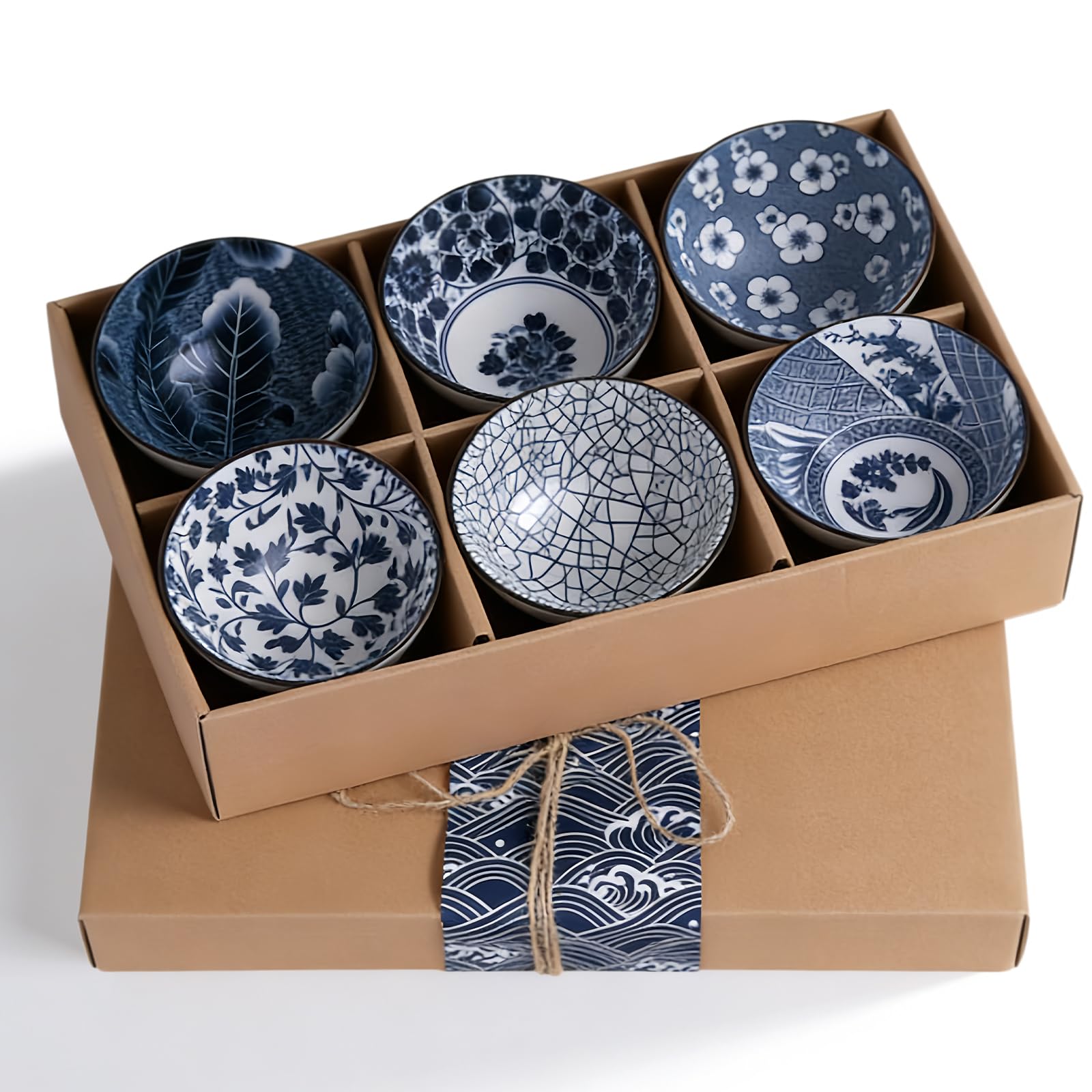 MEETOZ Ceramic Dipping Bowls, 6 Pcs Japanese Rice Bowl Set, Rice Bowl with Gift Box, Ideal for Cereal, Soup, Dessert, Snack, Fruit, Dessert, Ice Cream, Salad, Rice, Noodle