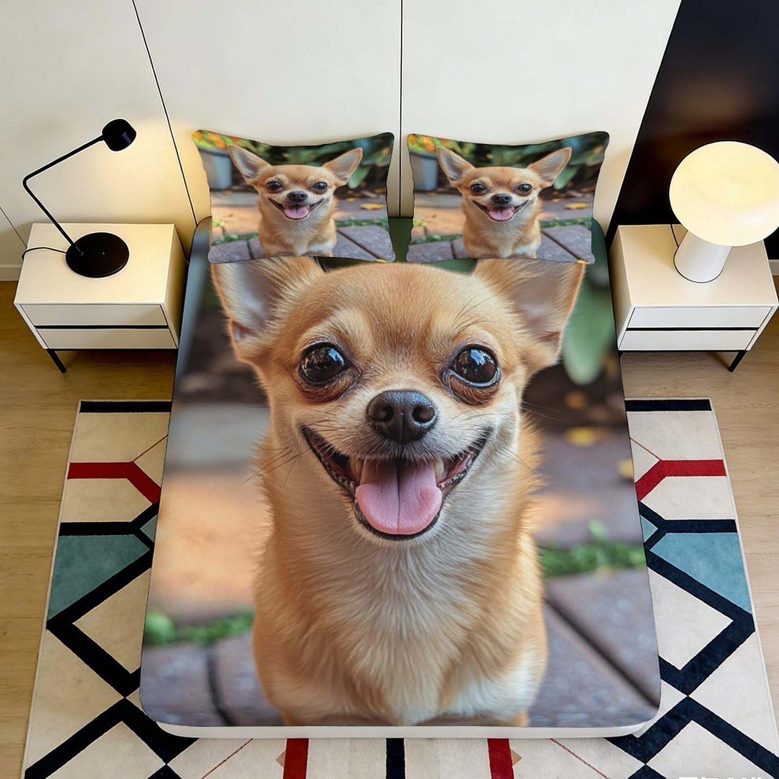 3D Printed Smiling Chihuahua Fitted Sheet Microfiber Soft Non-slip Dog Face Mattress Cover for Bedroom Guest Room Decor 90x200x25cm