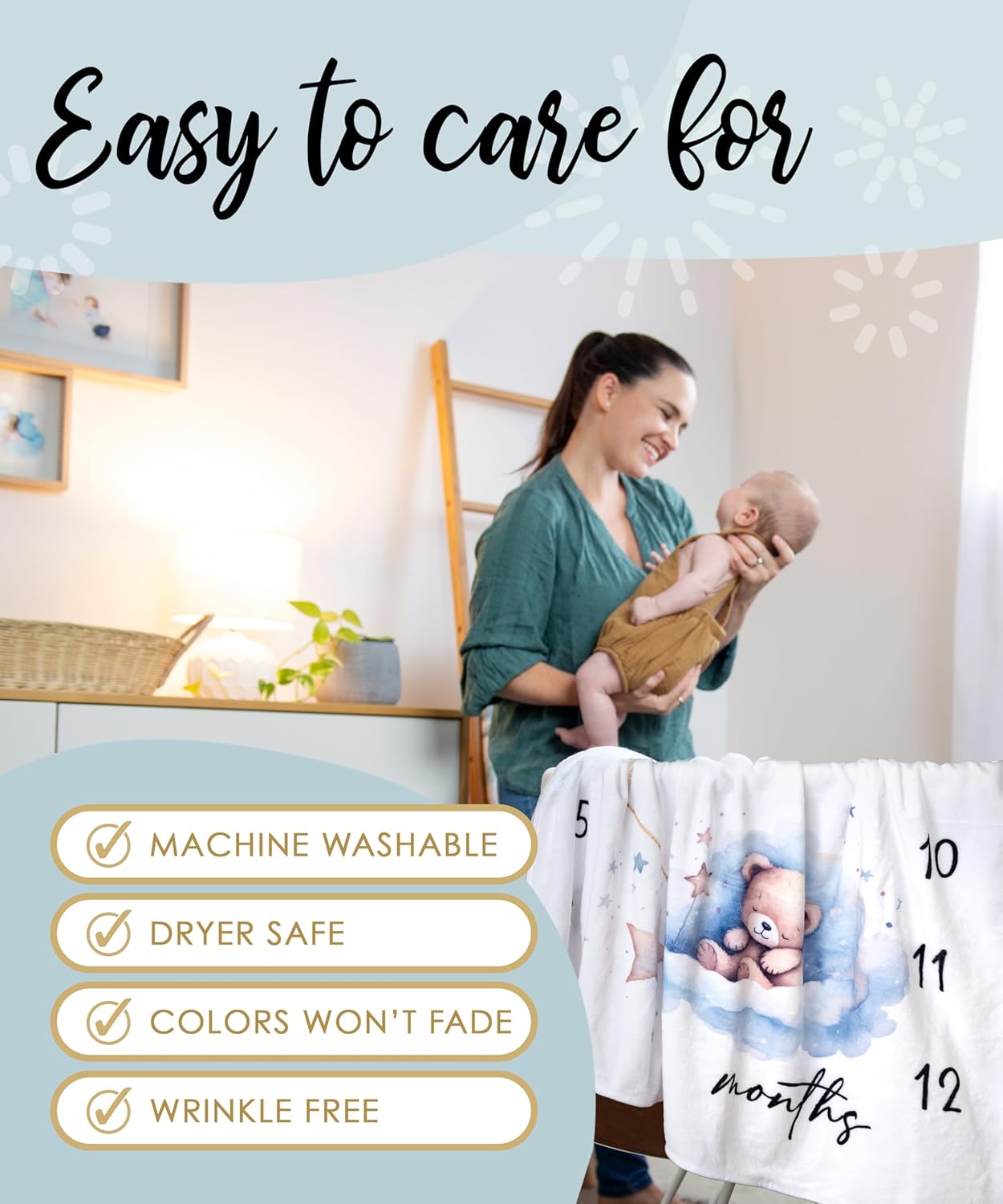 Baby Monthly Milestone Blanket for Boys- Soft Thick Fleece 46"x46" - Perfect Photo Growth Chart for First 12 Months - Extra Cozy for Pictures, Creating Monthly Memories - Sleepy Bear Design