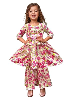 A.T.U.N. (ALL THINGS UBER NICE) A.T.U.N. Girls Ethnic Wear Sharara | Floral Pink Printed Kurta with Sharara Set for Girl