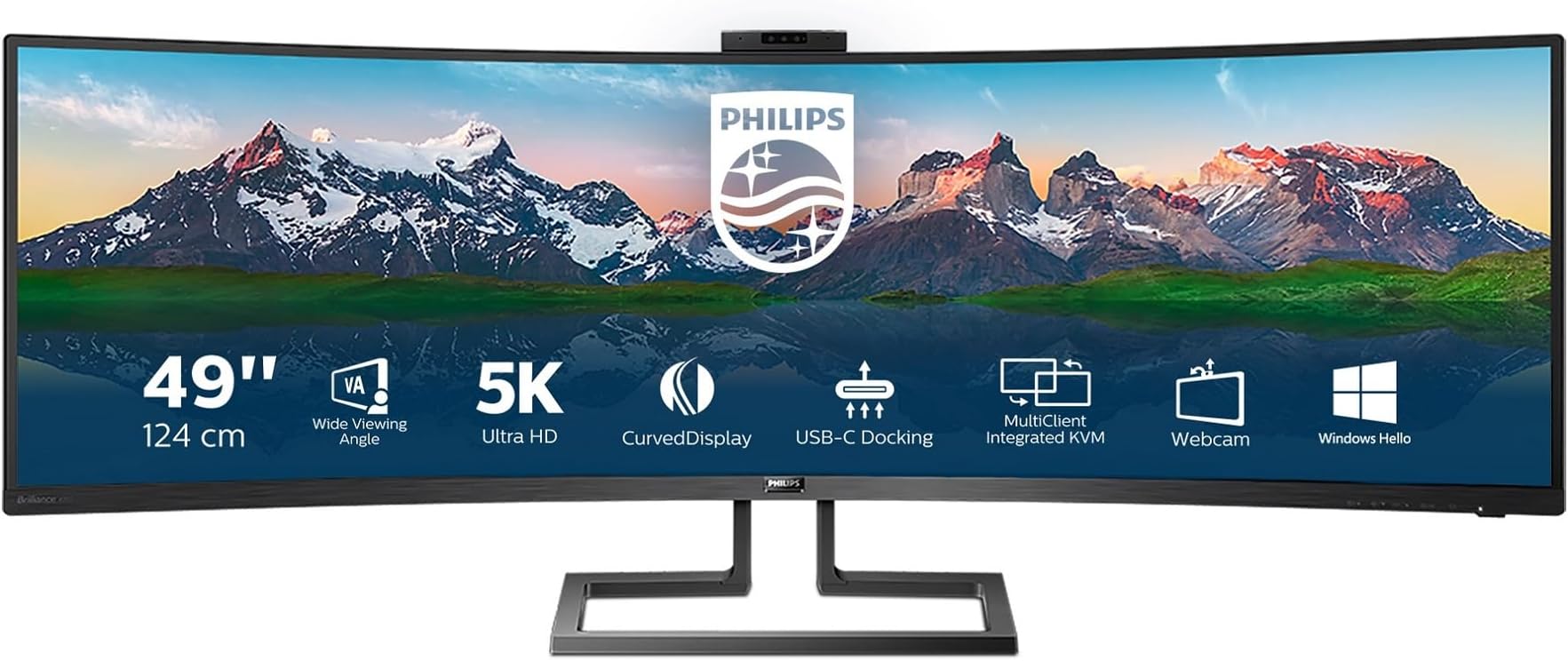 Philips 499P9H- 49 Inch Curved Dual QHD Monitor, 70Hz, 5ms, VA, WebCam, Speakers, USB-C Dock, KVM, Height Adjust (5120 x 1440, 450 cd/m², HDMI/DP 1.4/USB 3.1 / USB-C)