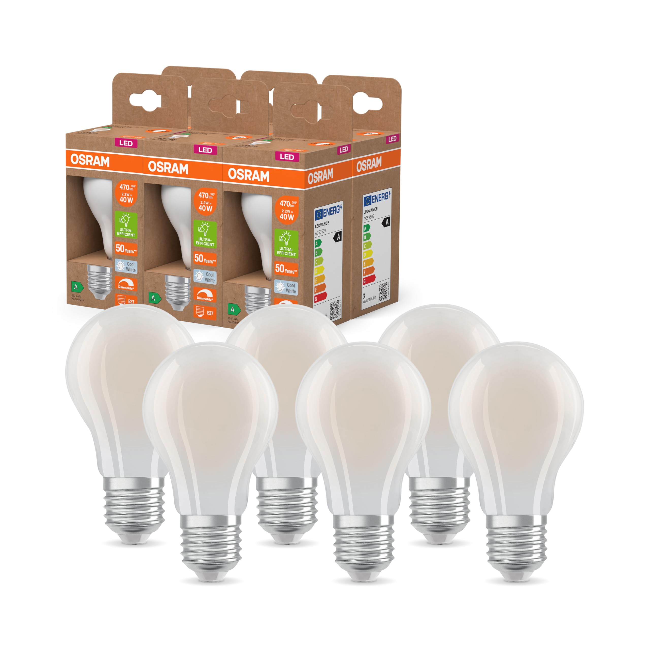 Osram Energy Class LED-Lampe in klassischer Kolbenform, 2.2 W / 470 lm, EEK A, kaltweißes Licht (4000 K), CRI 80, aus klarfarbenem bleifreiem Glas, E27 Sockel, IP20, 60mm DM, dimm,6-Pack | LED-Lampen, 60,00 mm Durchmesser, 6 Stück