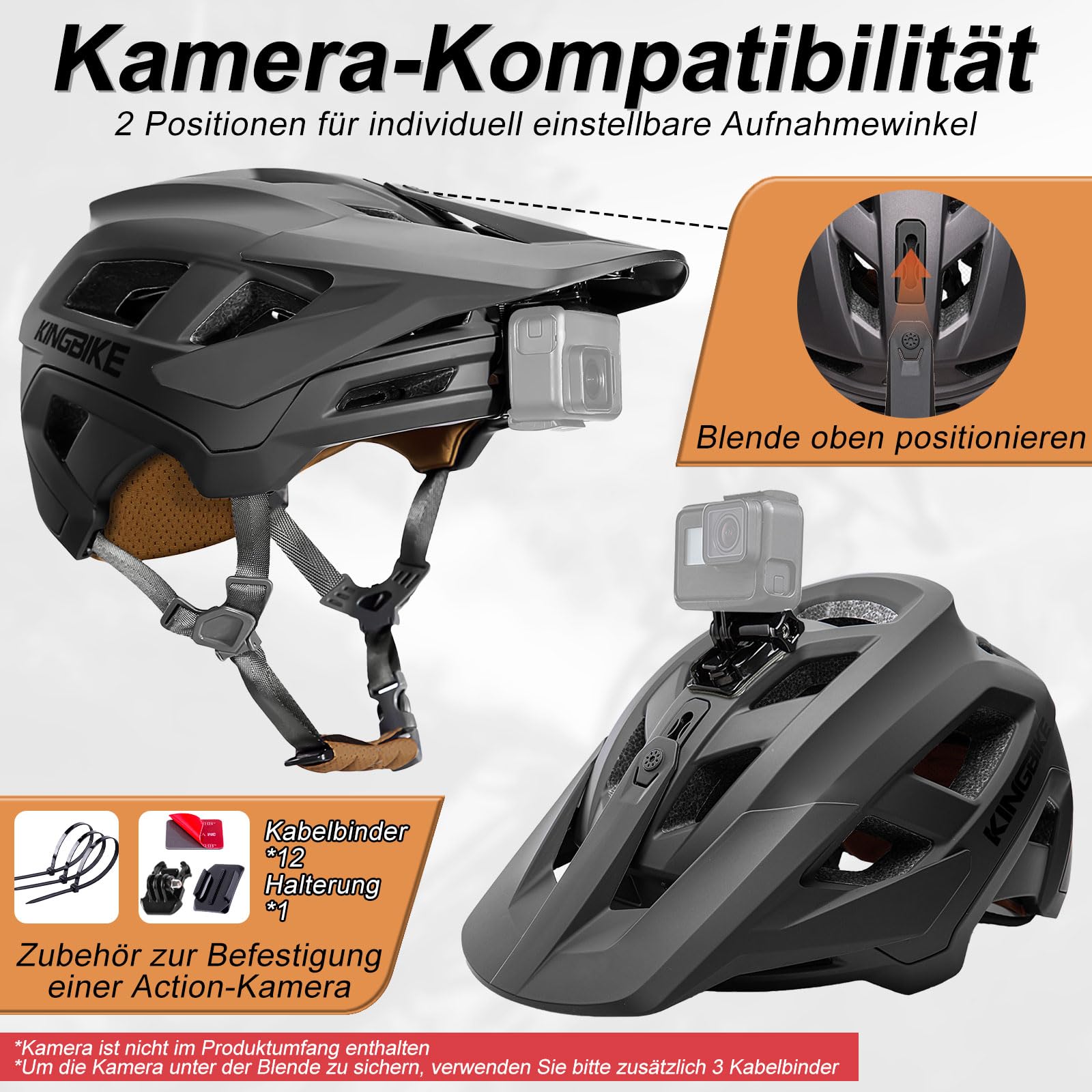 KINGBIKE Casco da mountain bike professionale con visiera regolabile a 3 livelli e supporto per action camera, casco da bicicletta MTB per adulti uomo donna NTA-8776 certificato di sicurezza e-bike