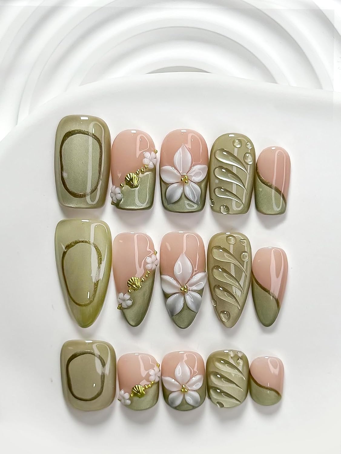 Handmade Press on Nails - Artificial Acrylic Nails Blue French Tips Stick on Nails 3D Pearl Fake Fingernail Summer False Nails for Women Manicure 10 Pcs (Retro Stripe, M, Almond)