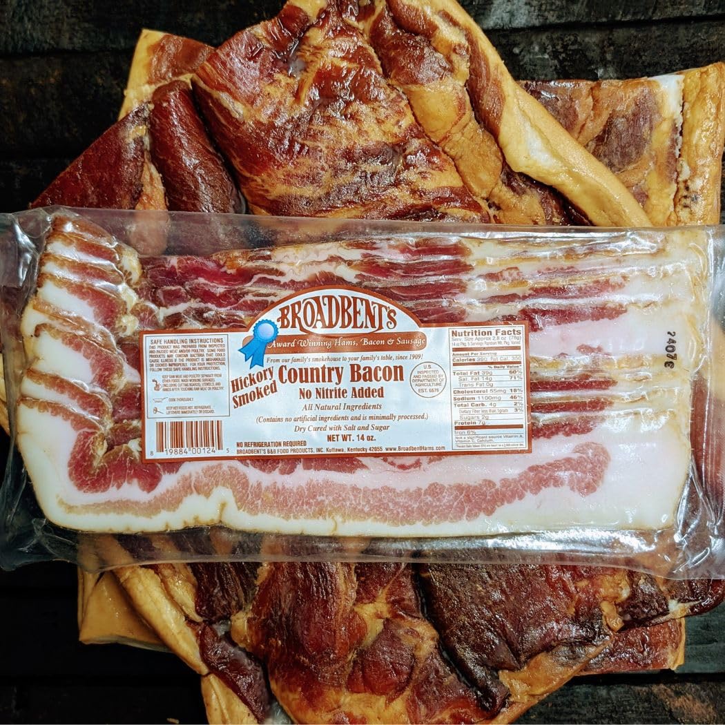 Broadbent's Hickory Smoked Country Bacon, No Nitrite Added, 14oz, 4 Pack