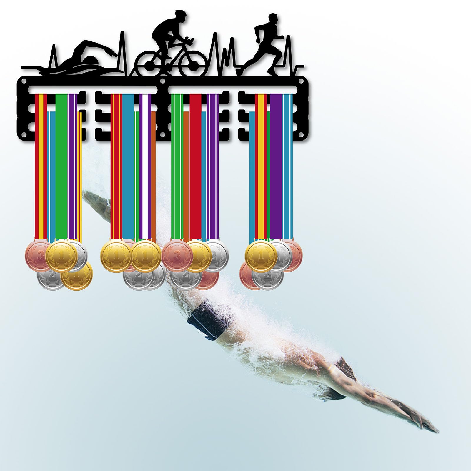CREATCABIN Porta Medaglie da Triathlon Display Swim Bike Run Appendini per Medaglie Rack Sport Metallo Premi da Appendere Ferro Piccole Decorazioni Premi per Il Nuoto Corsa Uomini Parete Casa 29x13cm