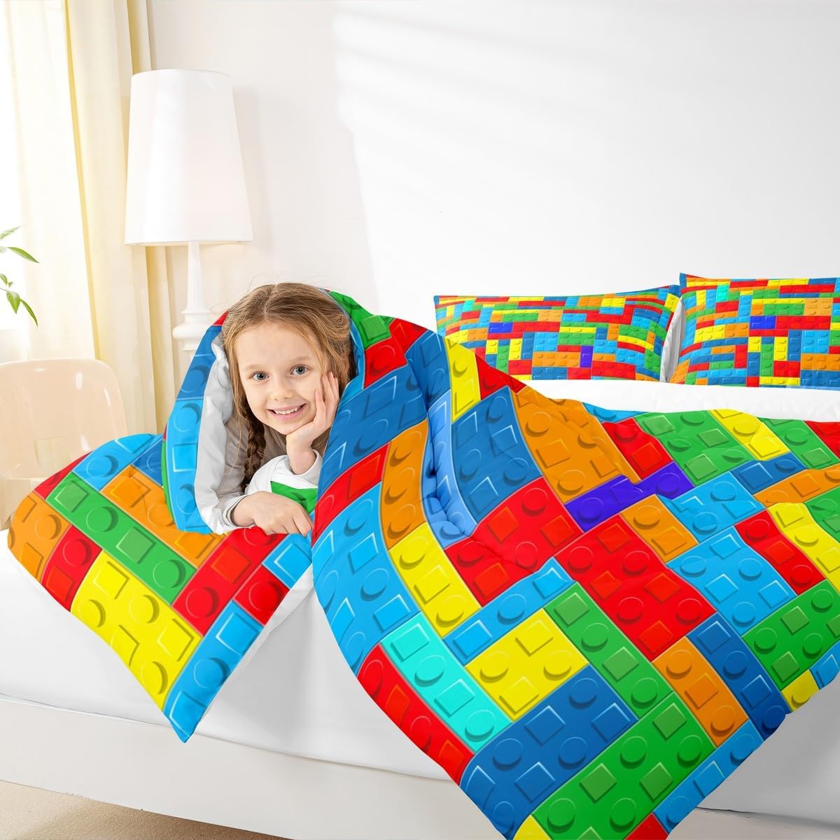 Watercolor Building Blocks Kids Comforter Set Queen Size,Colorful Bricks Toddler Bedding Set,Boys Girls Adults Room Decor,Geometric Patchwork Down Comforter,Fashion Chic Duvet Insert,2 Pillowcases