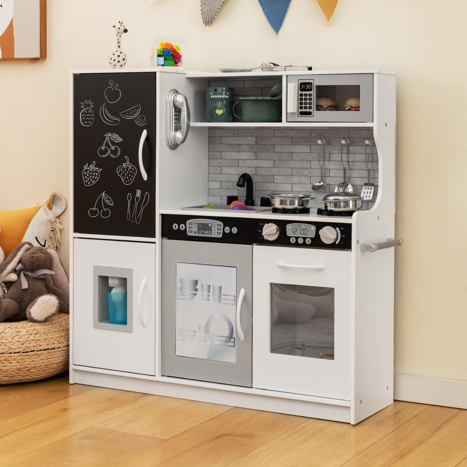 DREAMADE Kinderküche Holz mit Zubehör, Kinderspielküche Holzküche mit Herd Geschirrspüler Eismaschine Kühlschrank mit Tafel, Spielküche für Jungen und Mädchen ab 3 Jahren (Weiß)