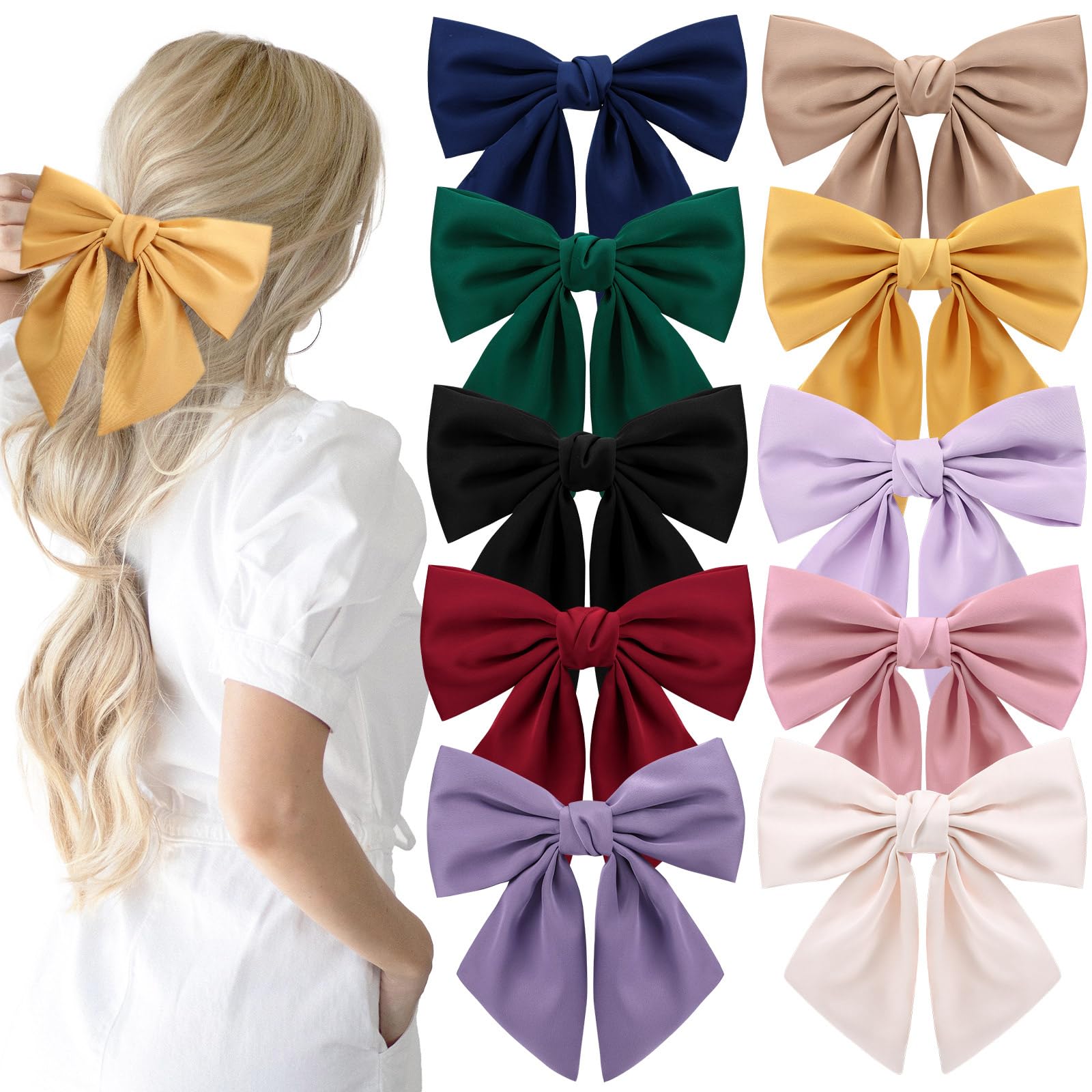 TOKUFAGU - 10 lazos grandes para el cabello para mujeres y niñas, 6.5 pulgadas, pinzas para el pelo estilo francés, lazo negro para accesorios para el cabello de niña (10 colores)