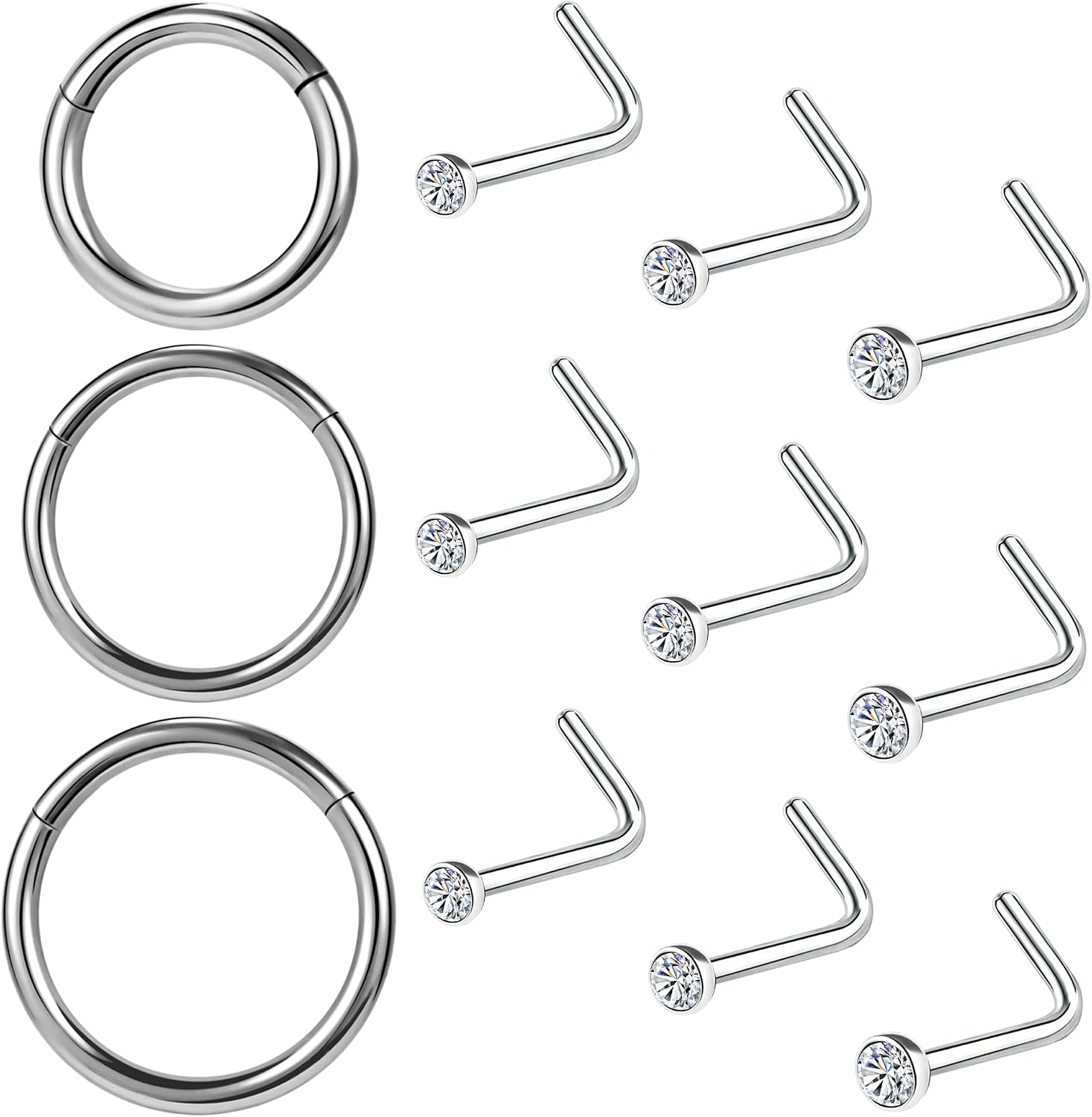 10-12Pcs 18G 20G Nose Rings Studs Hinged Hoop Nose Ring for Women Men Corkscrew Bone L Shaped Nose Studs Hypoallergenic 316L Surgical Steel Nose Piercings Jewelry Small Silver Gold