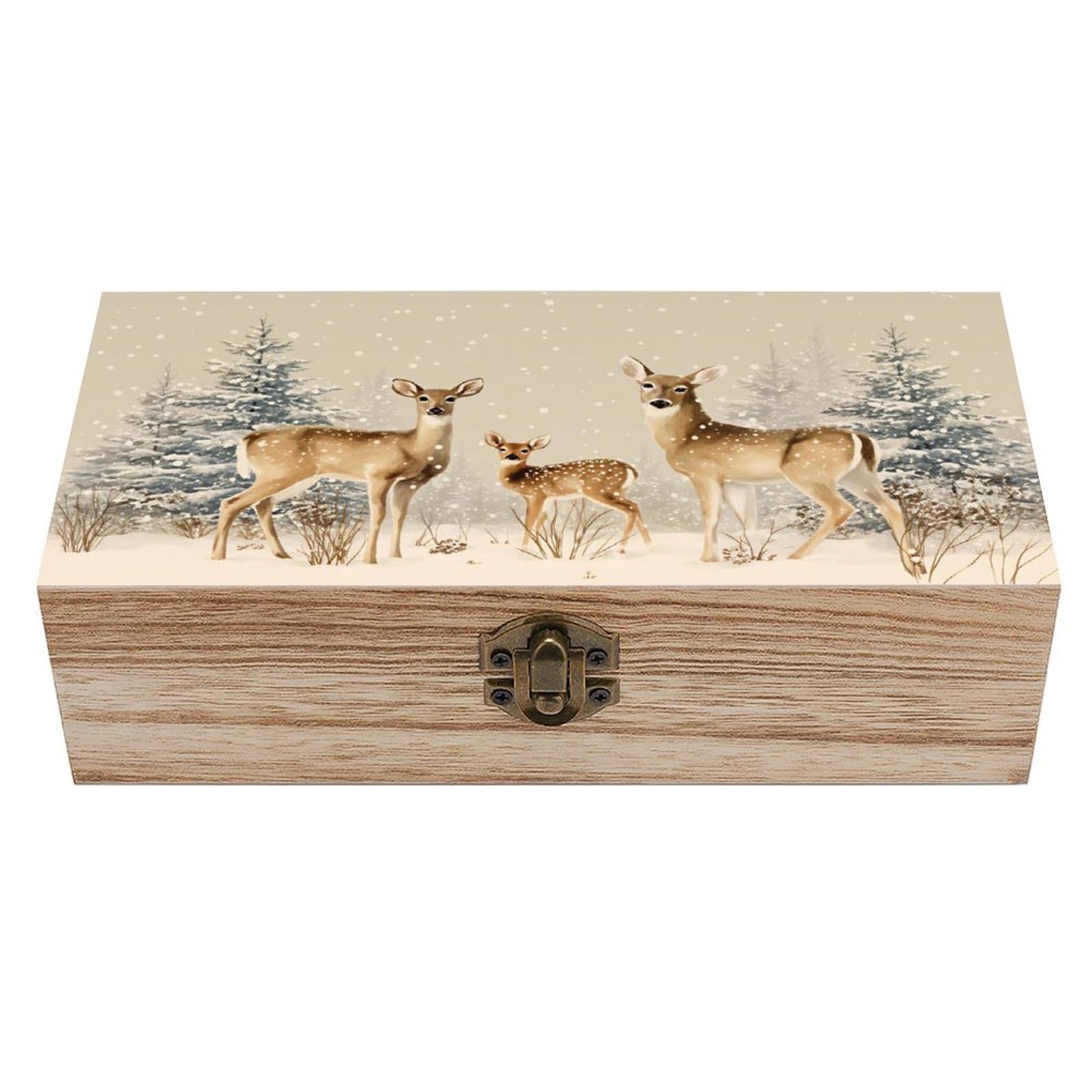 SMAZDFXX Winter Deer Family Snowy Scene Wooden Keepsake Box Vintage Solid Wood with Hinged Lid 7.9"×3.7"×2.3" Metal Latch Rustic Home Decor for Jewelry Photos And Trinkets
