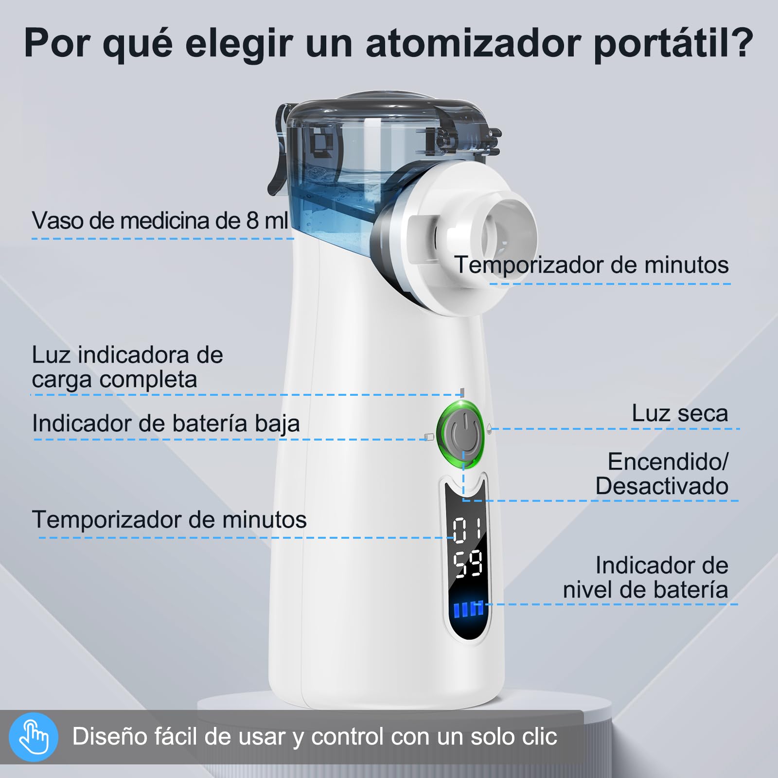 Aerosol Silencioso, Máquina de Aerosol Ultrasónica Portátil, Con Pantalla Digital, Limpieza Residual Automática, Recargable USB-C para Adultos y Niños-Gris