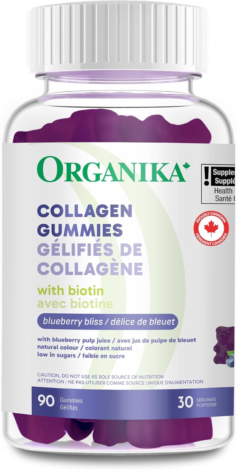 Organika Collagen Gummies – Blueberry Flavour – 2500 mg of Collagen Per Serving plus Biotin For Better Skin, Hair and Joint Health Pasture-Raised Cattle, Gluten and Dairy-Free 90 Gummies Organika Collagen Gummies – Blueberry Flavour – 2500 mg of Collagen Per Serving plus Biotin For Better Skin, Hair and Joint Health Pasture-Raised Cattle, Gluten and Dairy-Free 90 Gummies