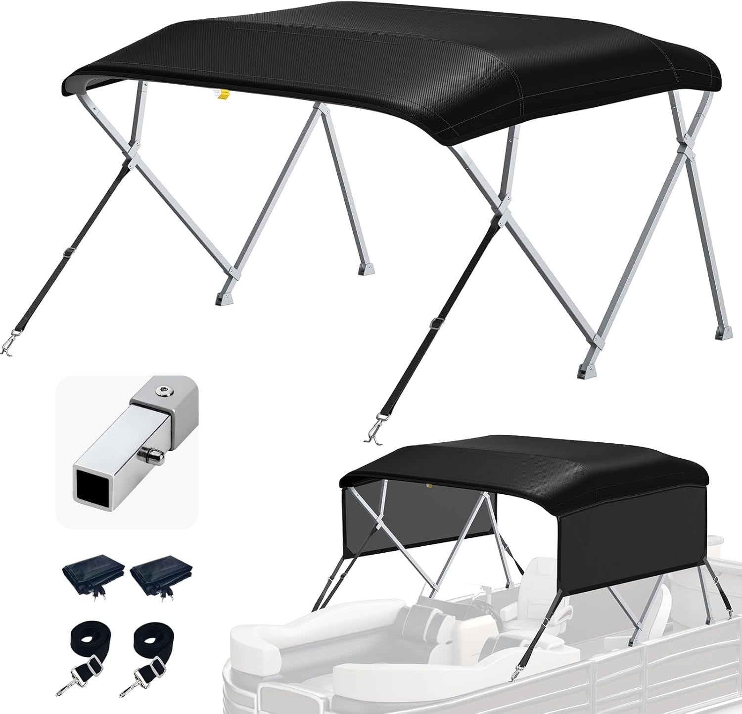 KAKIT Bimini Tops for Pontoon Boats with 2 Mesh Sidewalls Square Frame 600D Oxford Top with Rear Support Poles, Storage Boot 1 Inch Aluminum Frame (4 Bow 8'L 54" H 85"-90" W, Black)