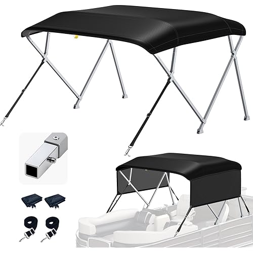 KAKIT Bimini Tops for Pontoon Boats with 2 Mesh Sidewalls Square Frame 600D Oxford Top with Rear Support Poles, Storage Boot 1 Inch Aluminum Frame (4 Bow 10'L 54" H 73"-78" W, Black)