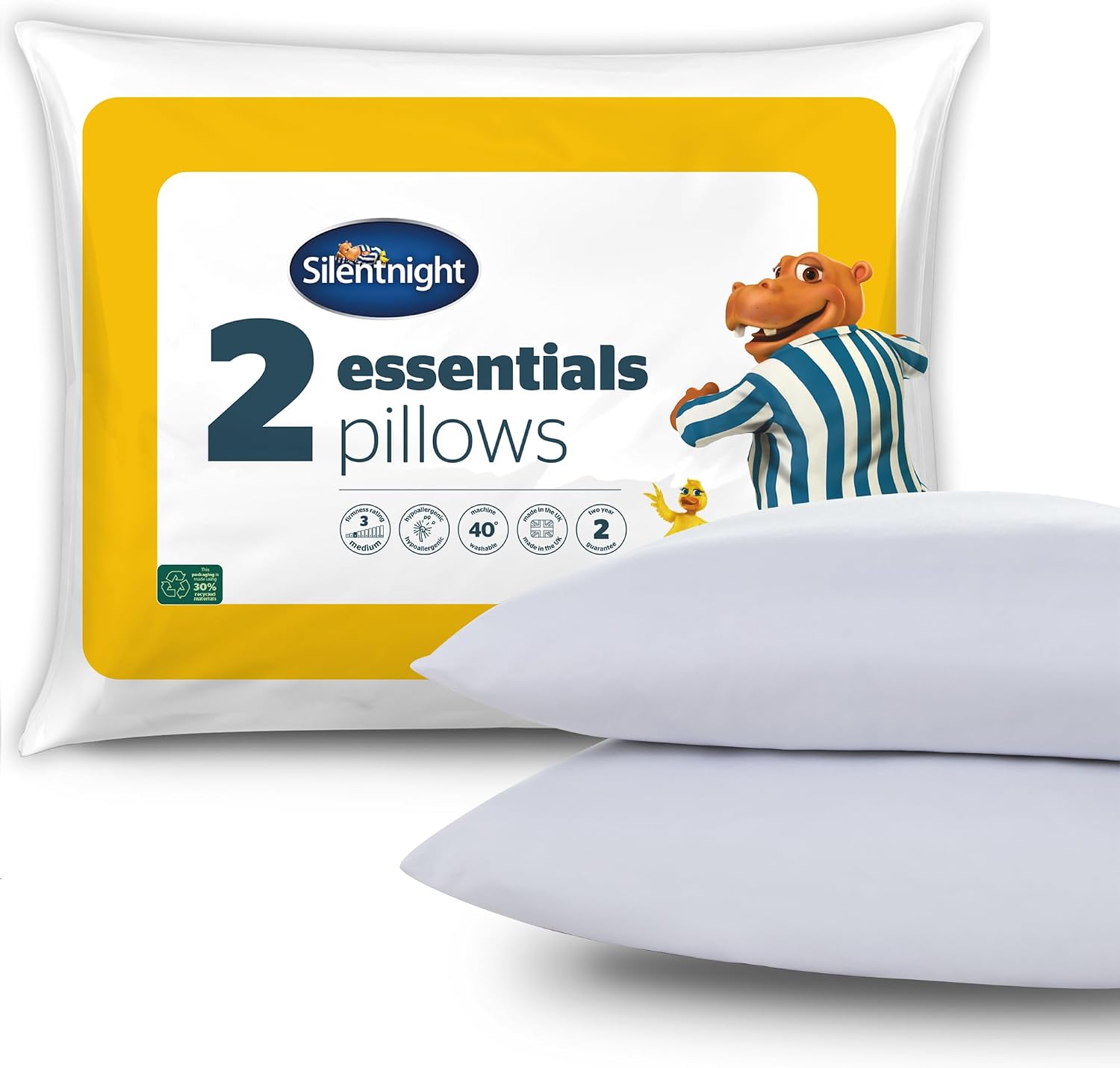 Silentnight Essentials Pillows 2 Pack – Soft Comfortable Soft Medium Support Pillows for Front, Stomach, Back and Side Sleepers – Hypoallergenic and Machine Washable – Pack of 2