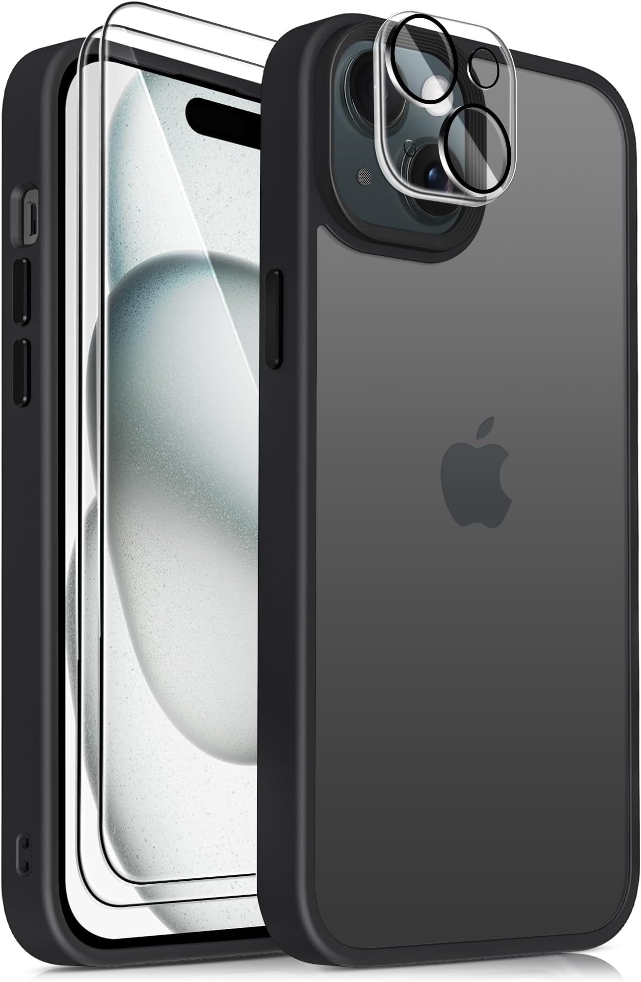 Mootobofor iPhone 15 case, 4 in 1 Phone case with 2*Screen Protector + 1*Lens Protector, 10FT Military Grade Drop Protection Case with Anti-Fingerprint Matte Back 6.1 inch - Black