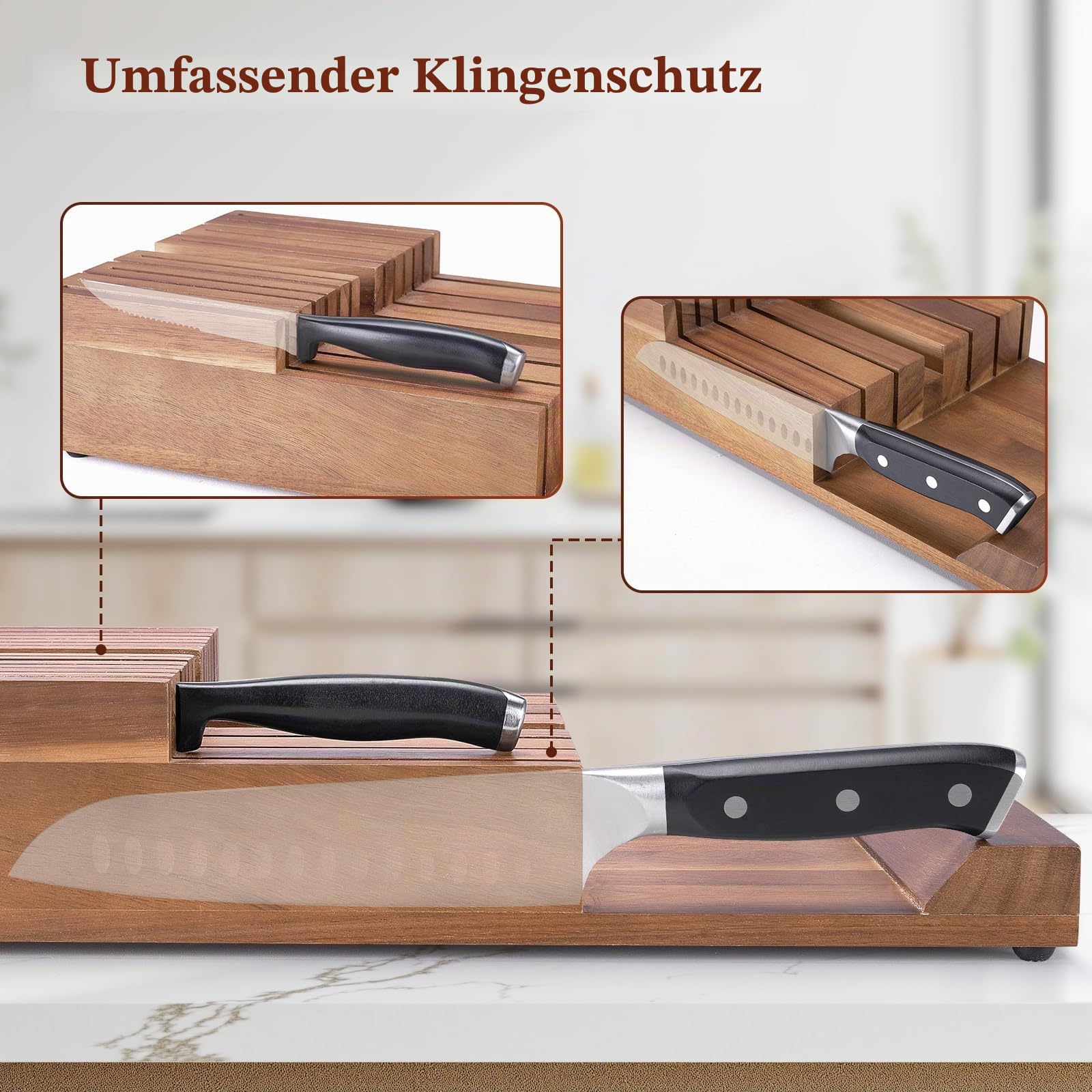 In-Drawer Messerblock, Akazien Holz Küche Messer Drawer Organizer, Messer Halter ohne Messer für bis zu 12 Messer Steak Messer Chef Messer