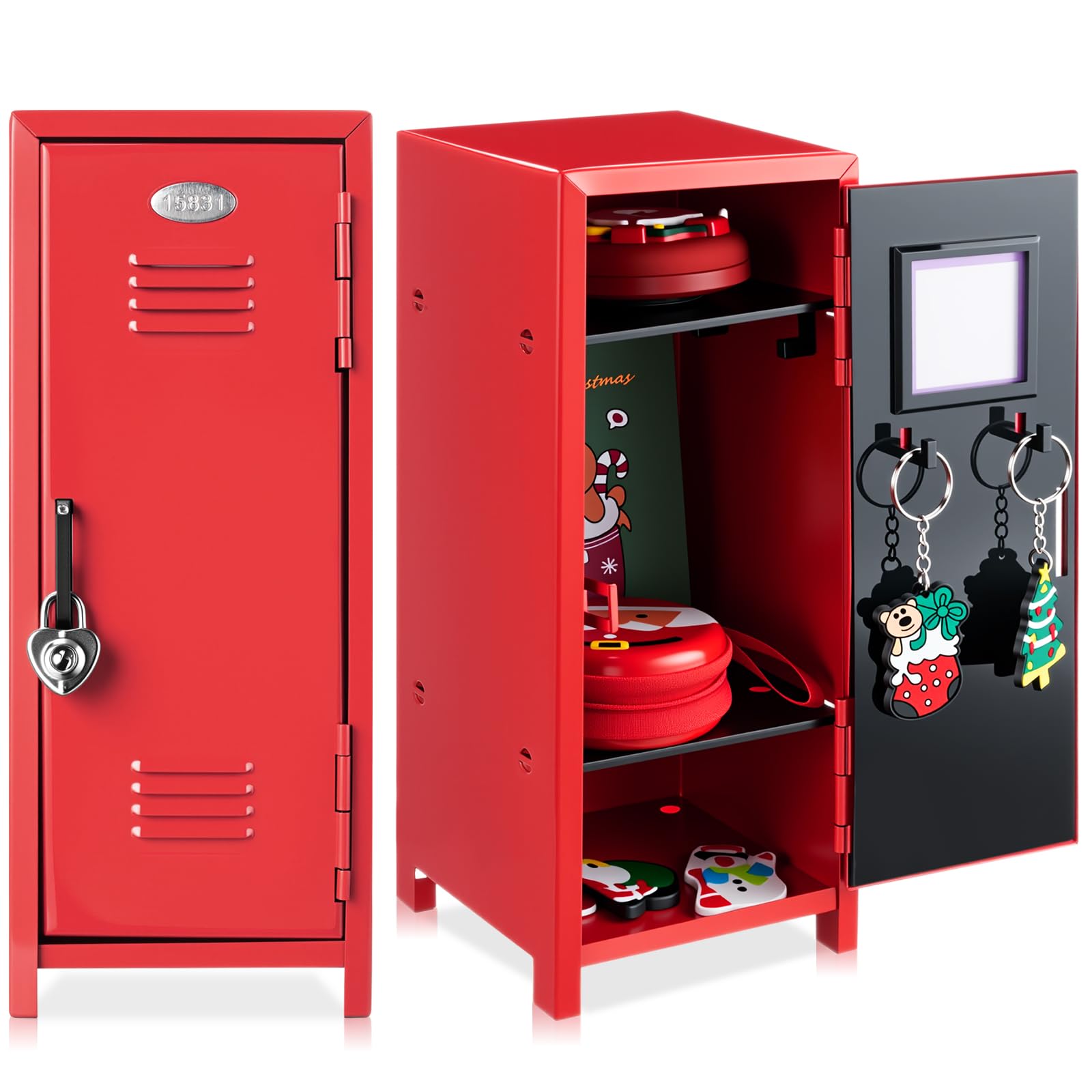 Vercraft 2 Pcs Mini Metal Locker with Lock, 10.8 Inch Safe Box, Red