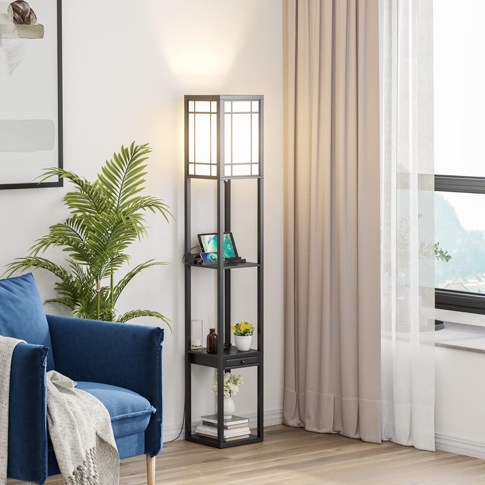 GOPLUS Vloerlamp voor binnen, 1,6 m, met opbergplanken met 3 niveaus, staande lamp, lampenkap van stof, lamp E27 60 W (niet inbegrepen), sokkel 26 cm, voor woonkamer/kantoor/slaapkamer (zwart met