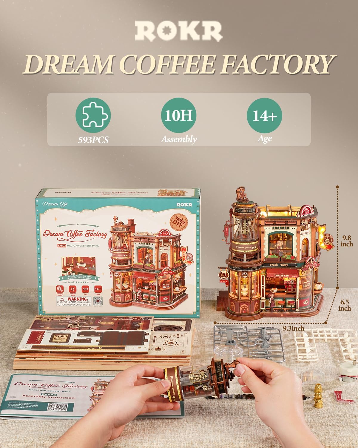 ROKR Moving Dream Coffee Factory DIY Miniature House Kit - 3D Wooden Puzzles for Adults with Music Box & LED Lights, No Glue Kinetic Model Building Kit, Unique Home Decor Gifts for Adults Women Men
