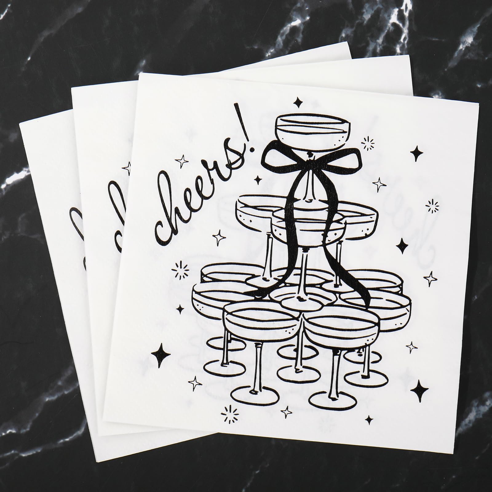 FYSUIMU 50Pcs Black Cheers Cocktail Napkins Champagne Tower Bow Disposable Paper Napkins NYE Bachelorette Party Dinner Bar Beverage Napkin for Wedding