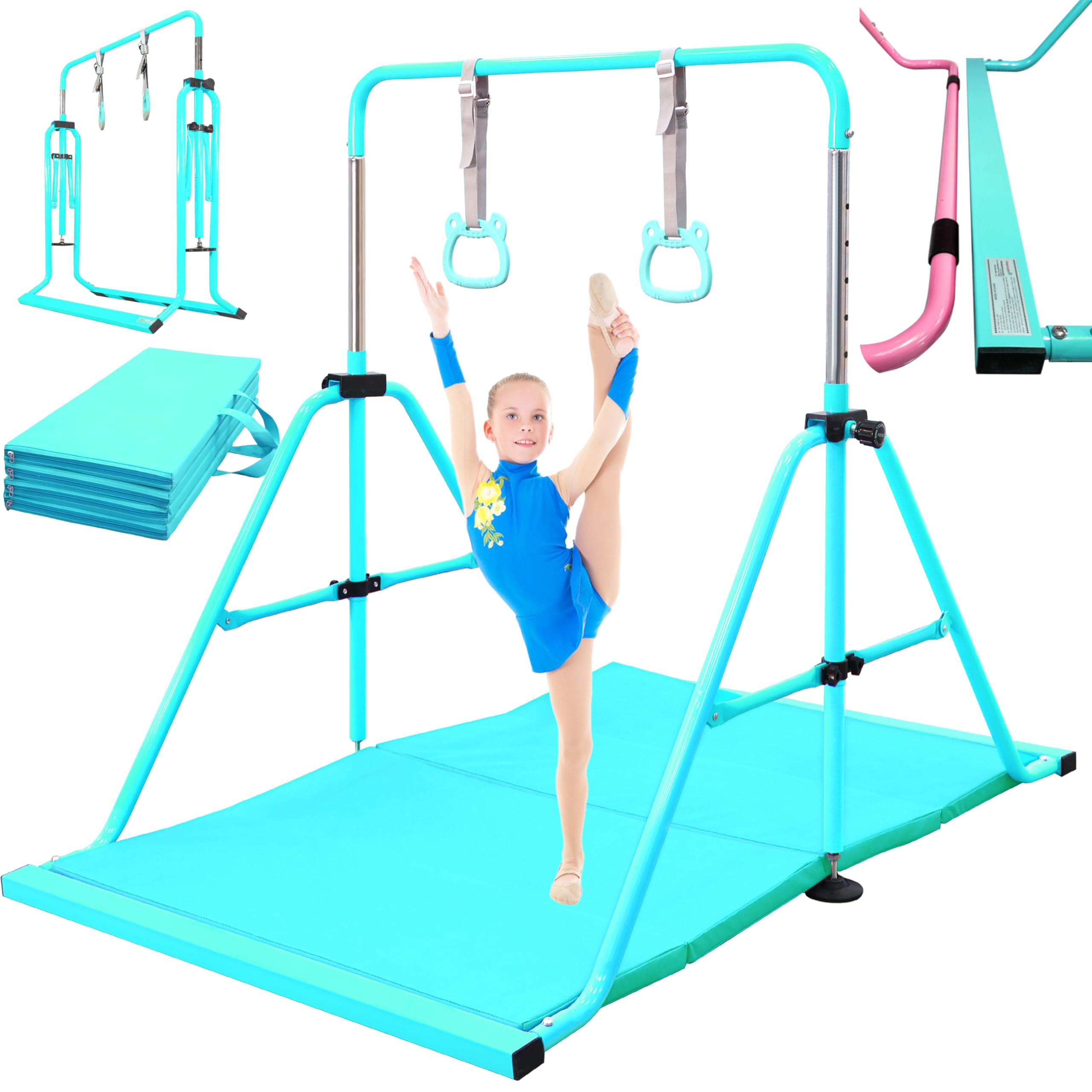 PreGymnastic Folding Gymnastics Bar with Rings, Foldable Kip Bar with Sturdier Base, Training Bar for Kids Ages 3-10, Horizontal Bar, Home Gym