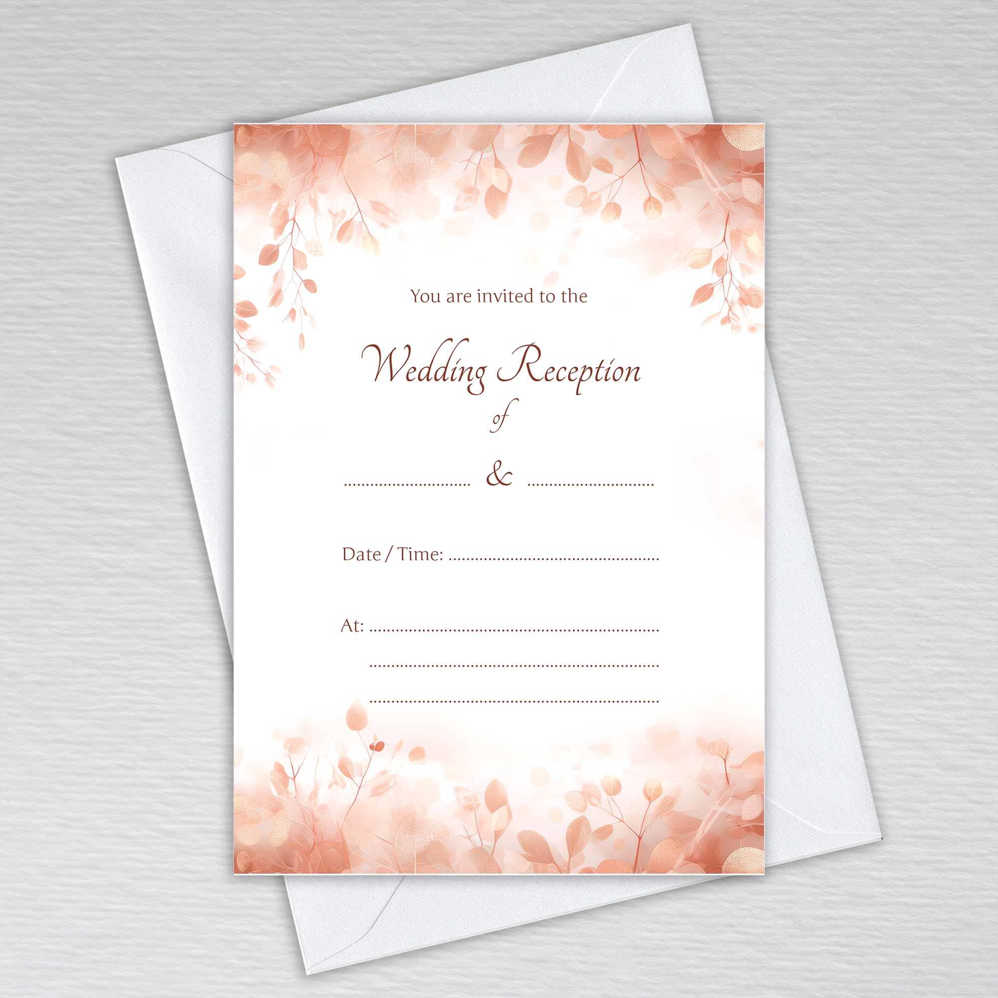 Webspectations Rose Gold Leaf Wedding Reception Invitations with Envelopes/Elegant Theme with Peach and Blush Pink Tones: Rose Gold Leaves Wedding Reception Invites (Pack of 50 with Envelopes) — image 1