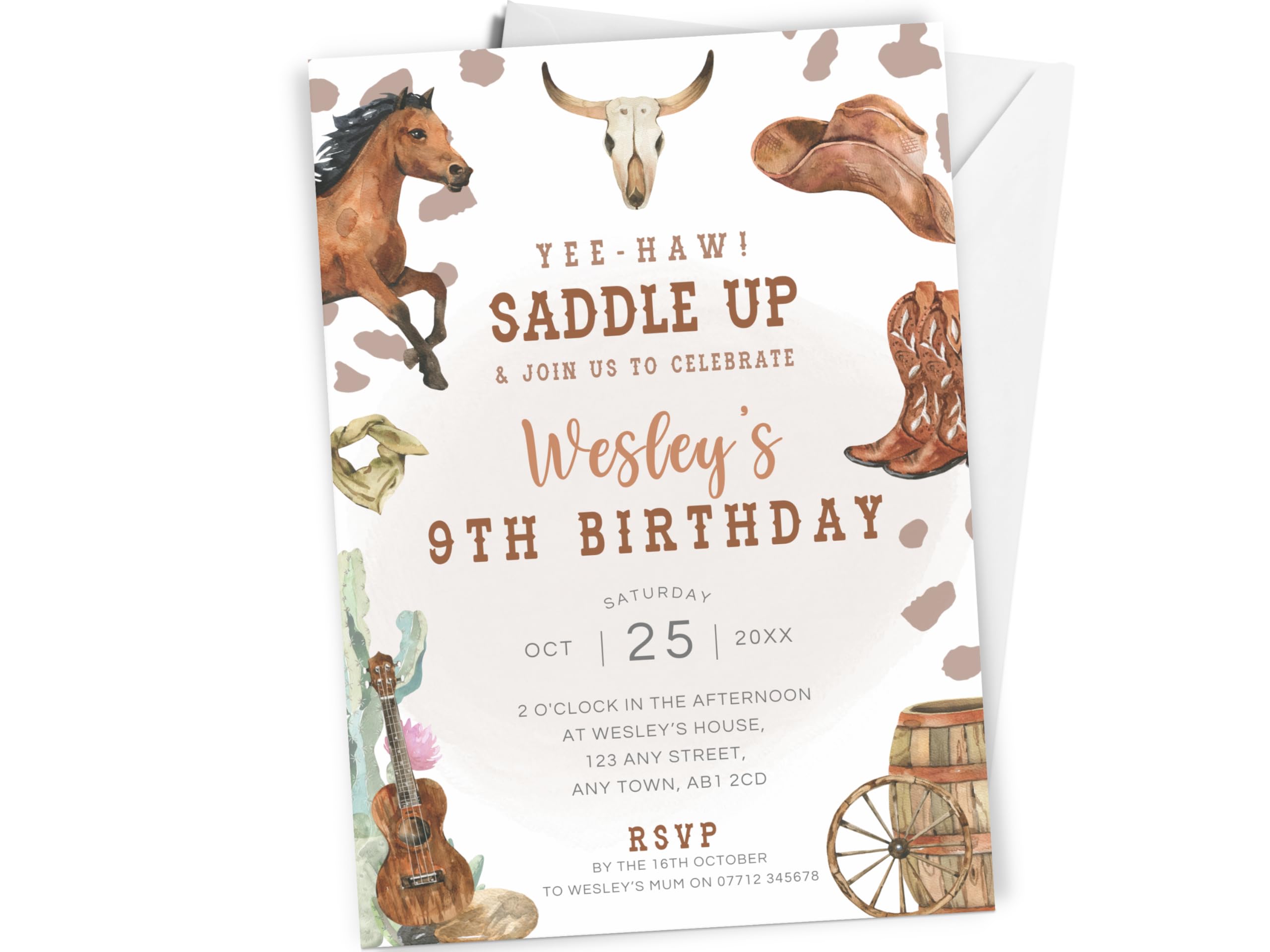 Love To Cherish 10 x Personalised Cowboy Birthday Party Invitations with envelopes, Boy's Western Themed Birthday Invites, Cowboys & Horses Theme