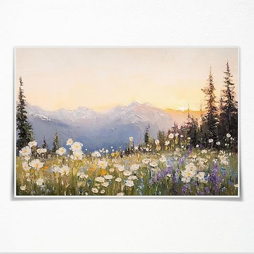 Póster abstracto de flores silvestres, prado, amanecer, paisaje, vintage, rústico, floral, alpina, montaña, pintura al óleo, para dormitorio, sala
