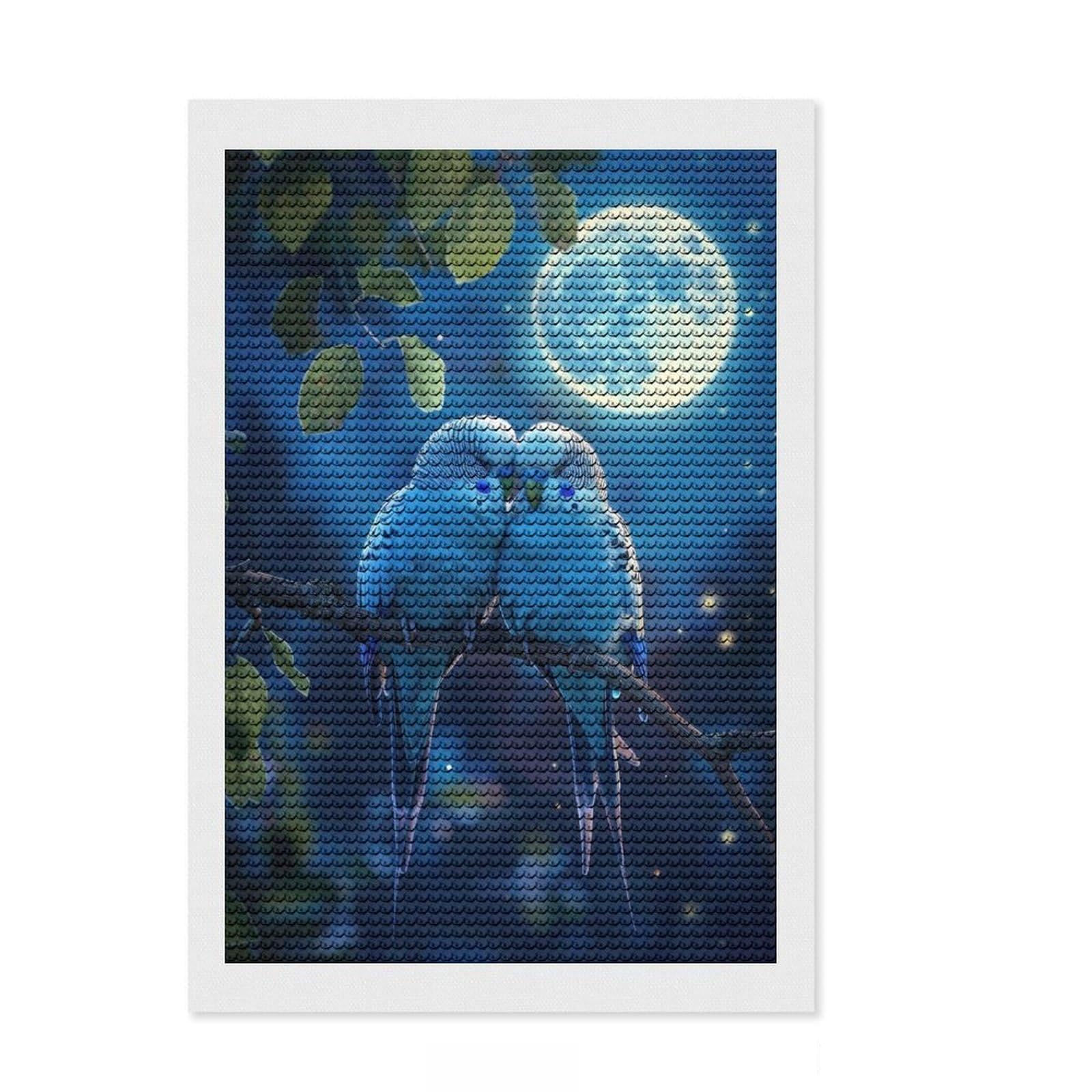 Junmoney Parakeets At Night Diamond Painting Set 8"x12", Printed Canvas, Finish and Display, Home Wall Decor, Gift Idea, Neat Printed Canvas