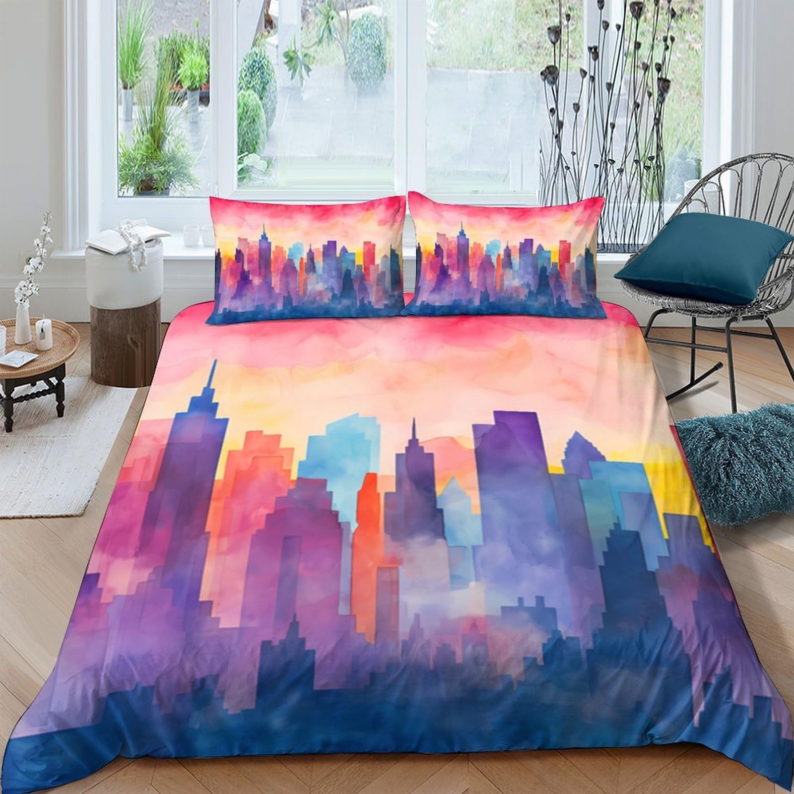 Ctjqhvkz Style-2 3D Printed City Skyline Fitted Sheet Microfiber Soft Breathable Sunset Urban Bed Cover For Bedroom Dorm Decor Single（135X200cm）