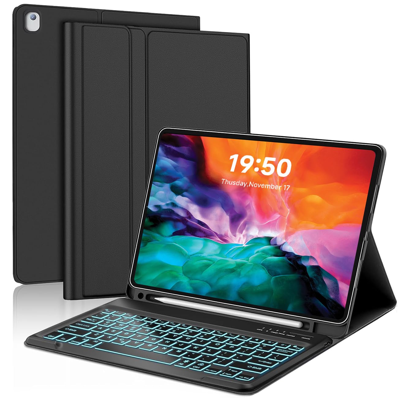 Funda con teclado desmontable para iPad Pro de 12.9 pulgadas, 7 colores retroiluminados, recargable, con soporte para lápices, para 1ª y 2ª generación (2015/2017), escritura Bluetooth para