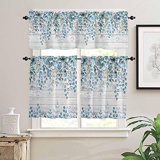 3 Pieces Kitchen Curtains Valance and Tiers Set - 36 Inch Length,Rustic Gradient Blue Eucalyptus Rod Pocket Drapes Short Window Treatment for Cafe Bathroom Bedroom,Foliage Retro Wood Grain