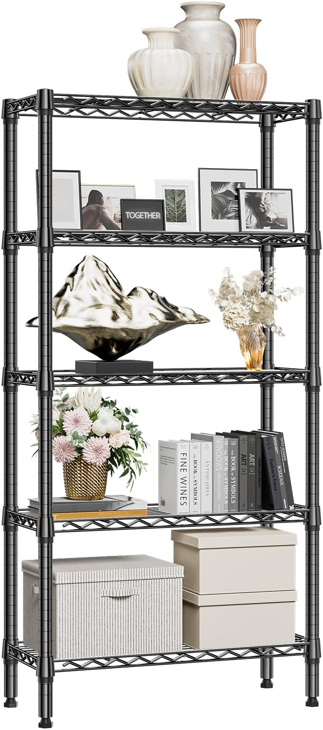1250 lbs 5 Tier Shelf Metal Storage Shelves Wire Rack Closet Organizers for Garage Kitchen Bathroom Laundry Black 11.8″ D x 29.5″ W x 59.5″ H
