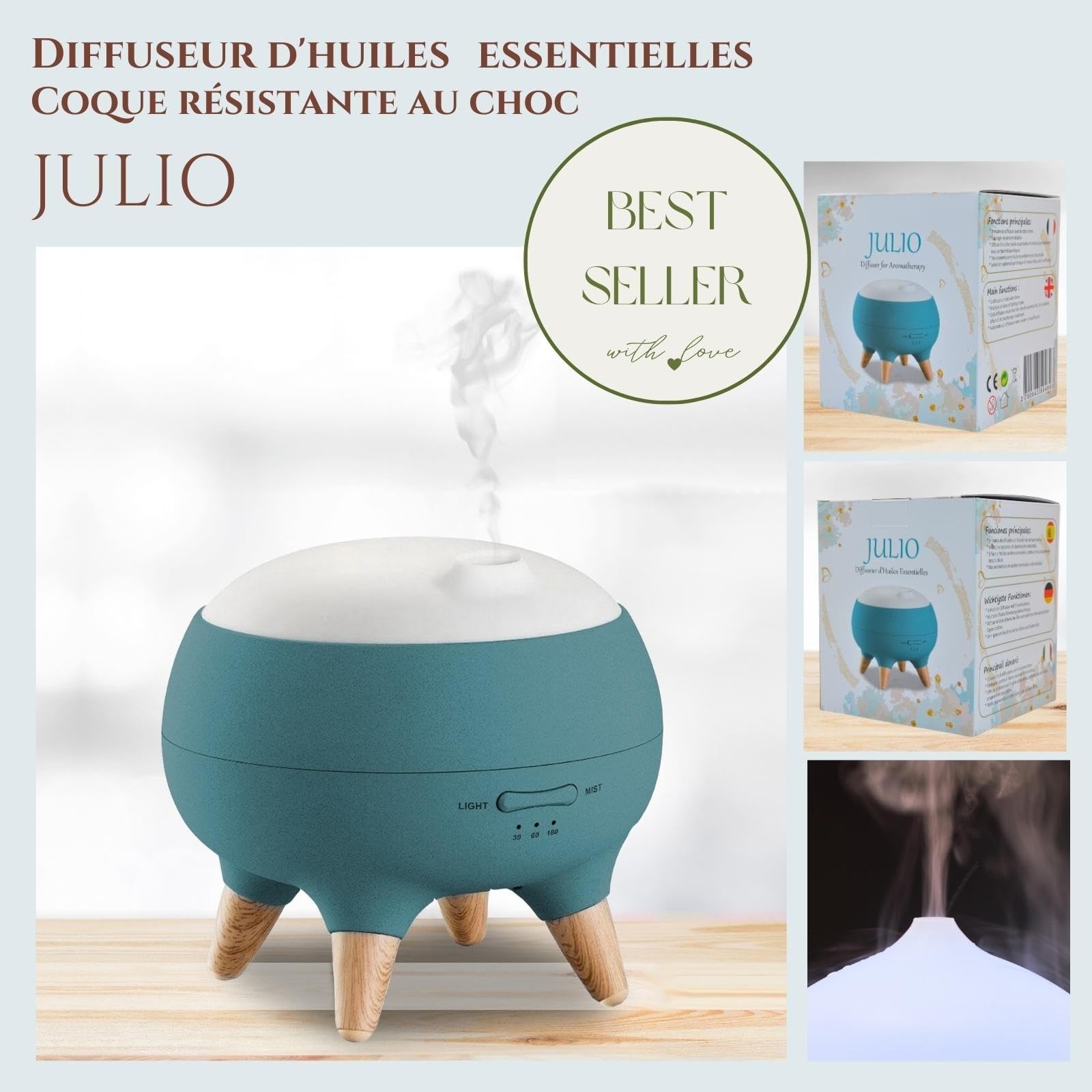 Zen’Arôme Diffuseur Huile Essentielle Julio, Diffuseur Ultrasonique Aromathérapie à Froid, Diffuseur Électrique de Parfum, 2 Modes de Diffusion et Fonction Minuterie, Éclairage LED, Design Original