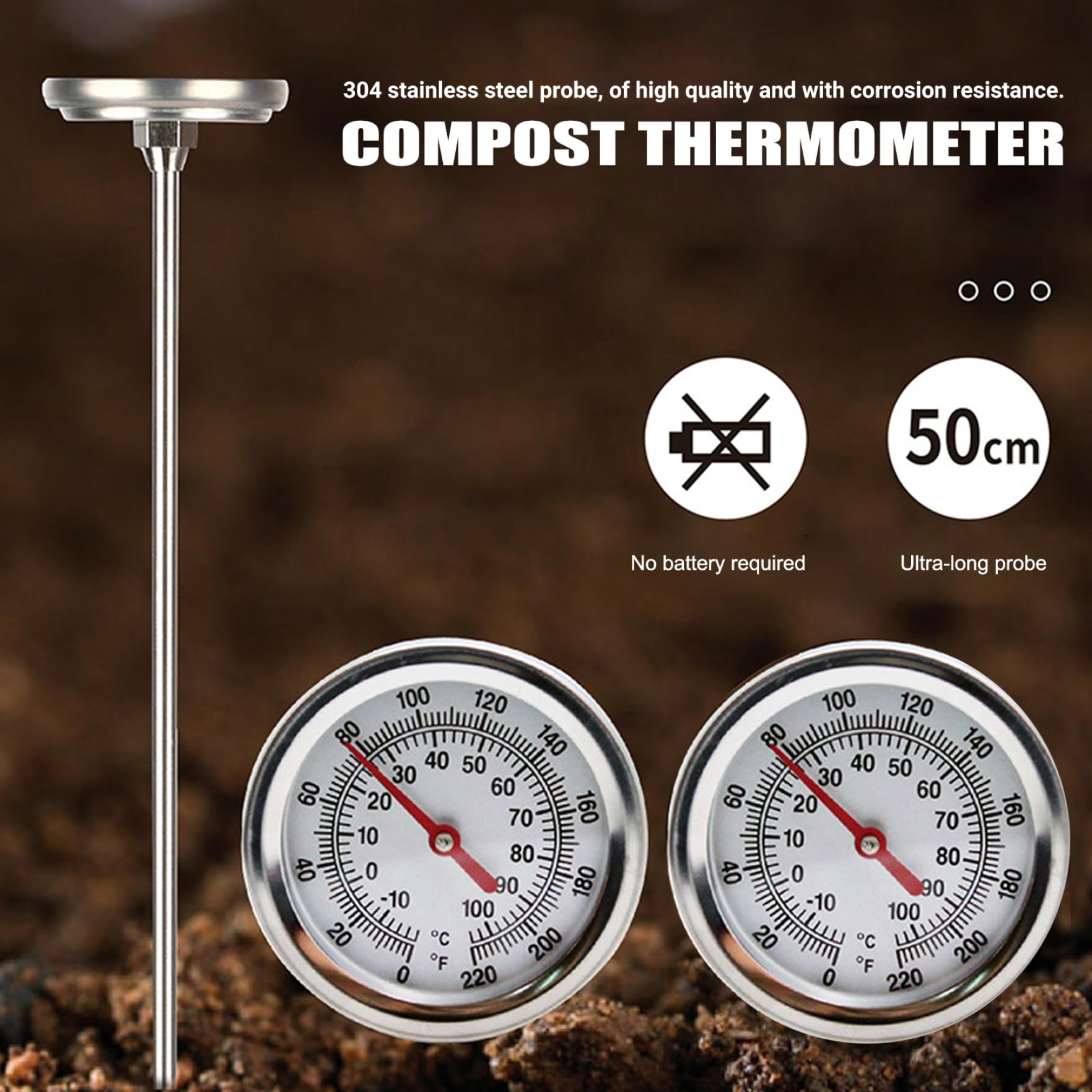 Termometro per compost, Termometro per terreno portatile in acciaio inossidabile con quadrante da 2 pollici con stelo da 20 pollici per terreno, compost, giardino, decorazione della pelosa
