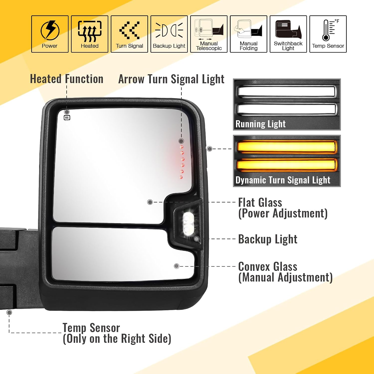 Towing Mirrors Switchback Lights Compatible with 2014-2018 Chevy Silverado GMC Sierra 1500 2500HD 3500HD with Running Signal Light Temp Sensor Backup Lamp Heated Mirror Extendable Pair Set