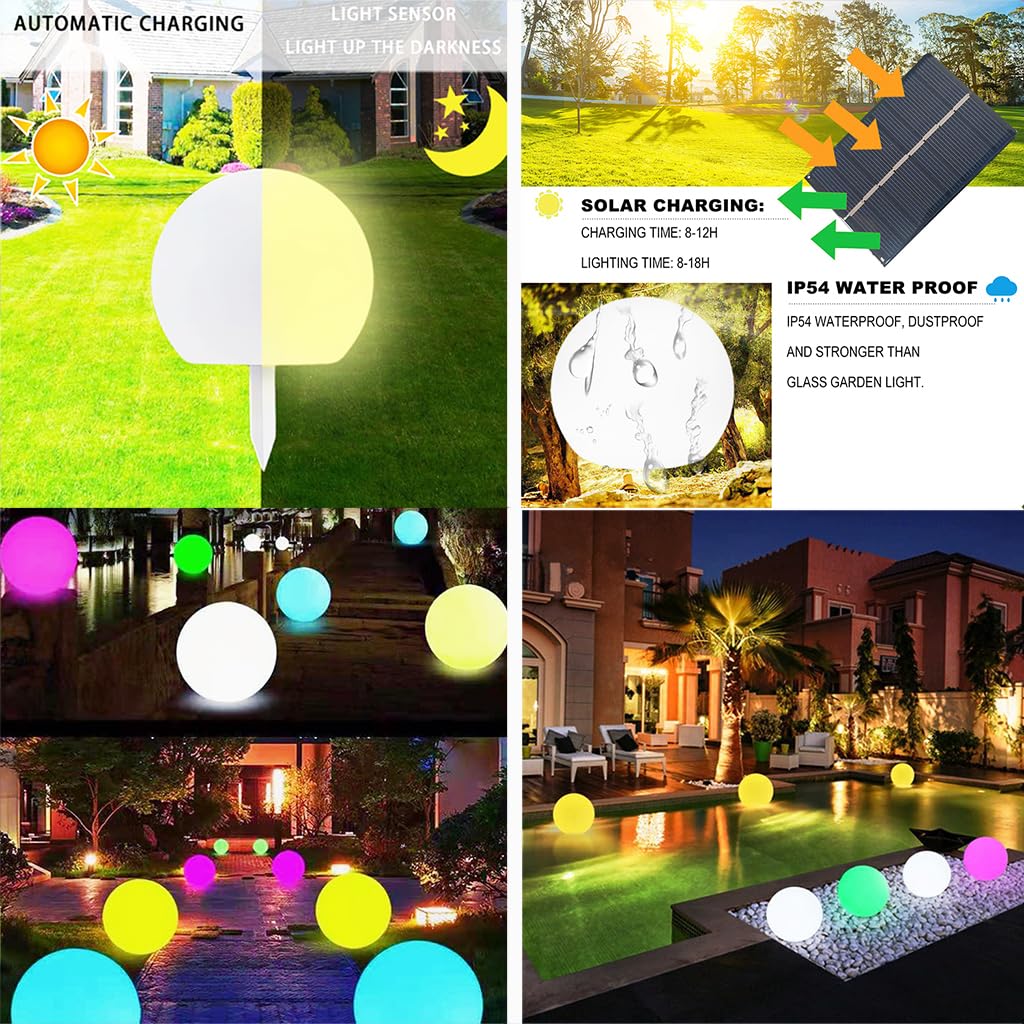 Luz solar de globo brillante de 8 pulgadas, lámpara solar de bola de jardín de 16 colores cambiantes, luz de orbe brillante con control remoto, globo de iluminación de paisaje impermeable con estaca 6