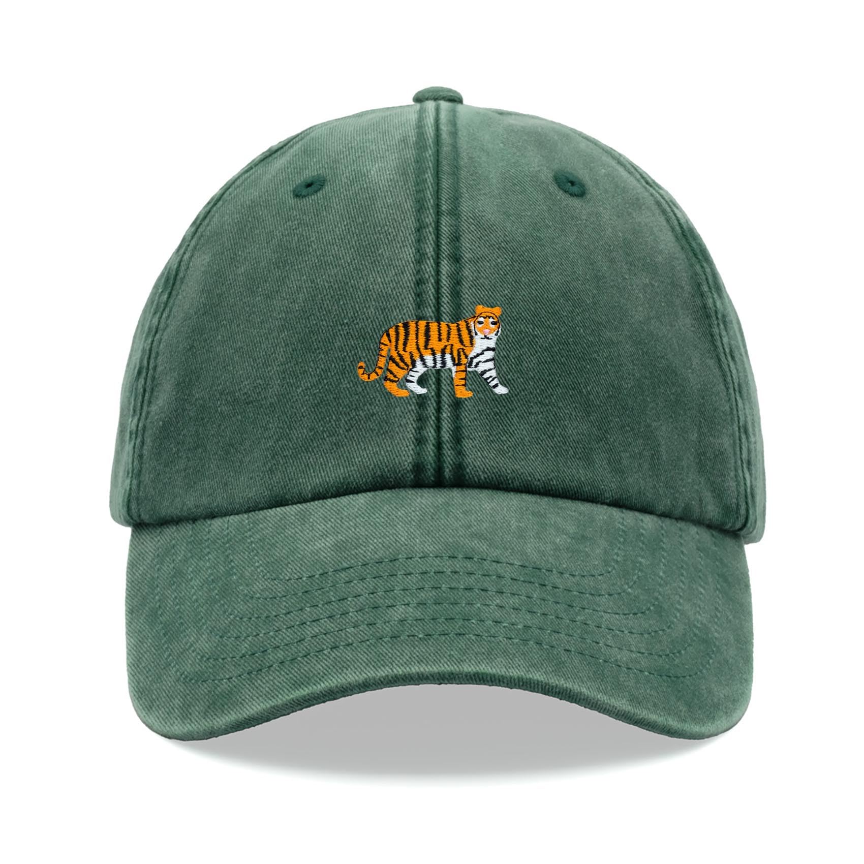 Tiger Baseball Cap Vintage Washed Unisex Dad Hat Adjustable Bottle Green
