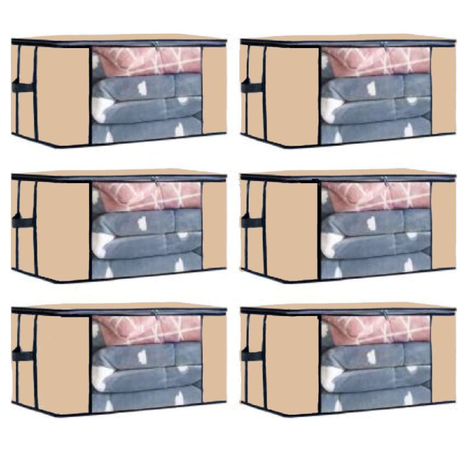 Shubhkraft Rectangular Underbed Storage Organiser With Side Handles & Transparent Window| Garment Organizer (Set Of 6, Beige) (B0BNJ6T4J2) Amazon Price History, Amazon Price Tracker
