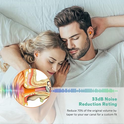 Vista 14 de Tapones para los oídos para cancelación de ruido para dormir, tapones para los oídos de espuma suave NRR de 33 dB más altos, auriculares de Naranja