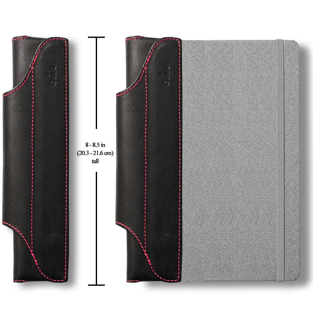 Quiver Notebook Pen Holder | Single Pen Holder | Fits Most Notebooks, Journals, Planners 20.3-21.6 cm Tall A5 (Black Leather, Red Stitching)