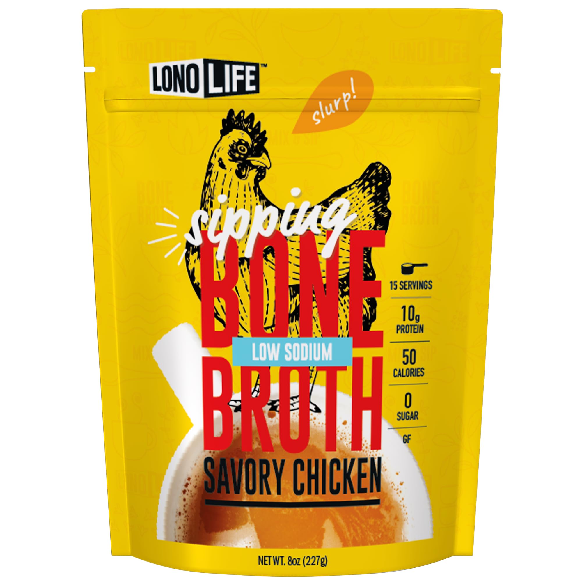 LonoLife Low Sodium Chicken Bone Broth Powder Mix | 10g Protein | Collagen-Rich, Keto & Paleo Friendly | Natural Ingredients | 8oz Bulk Container (15 Servings)