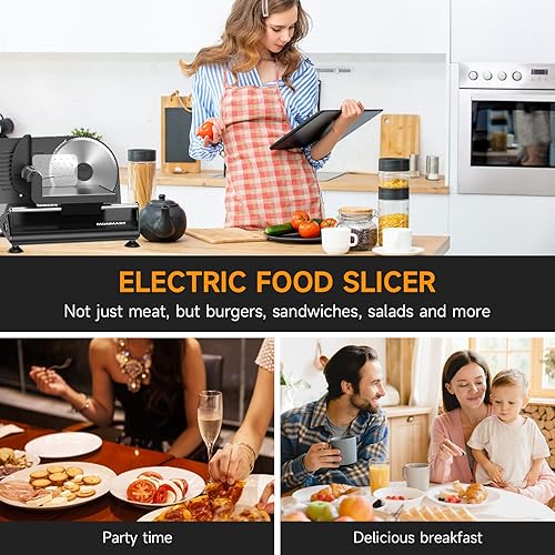 Miniatura 7 de Rebanadora de carne de 200 W con dos cuchillas de 7.5 pulgadas y una bandeja de acero inoxidable para uso doméstico, cortador eléctrico de alimentos