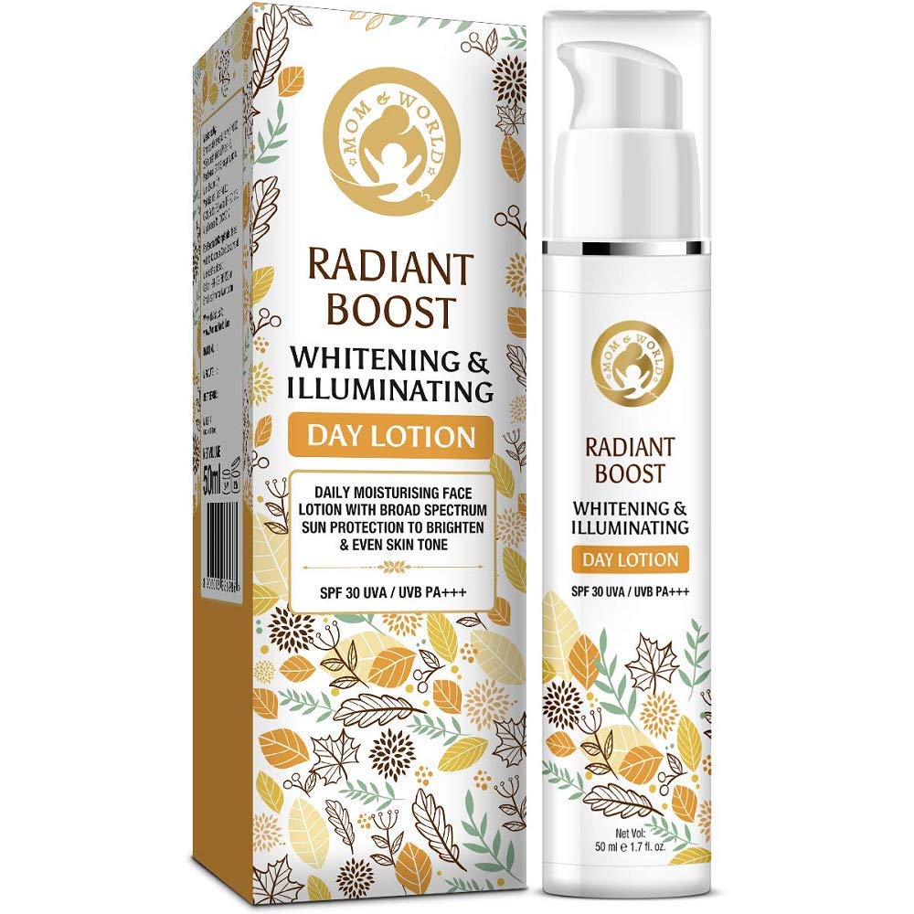 Mom & World Radiant Boost Whitening & Illuminating Day Lotion Moisturizer with SPF 30 UVA/UVB PA+++, 50ml - With Vitamins C, E, Plant oils, Saffron & licorice extracts